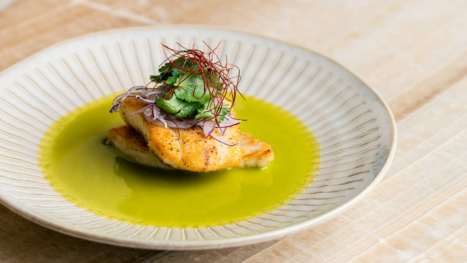 Roasted Turbot topped with Sliced Red Onion, Cilantro Leaves and Saffron threads in a pool of green Jalepeño Sauce