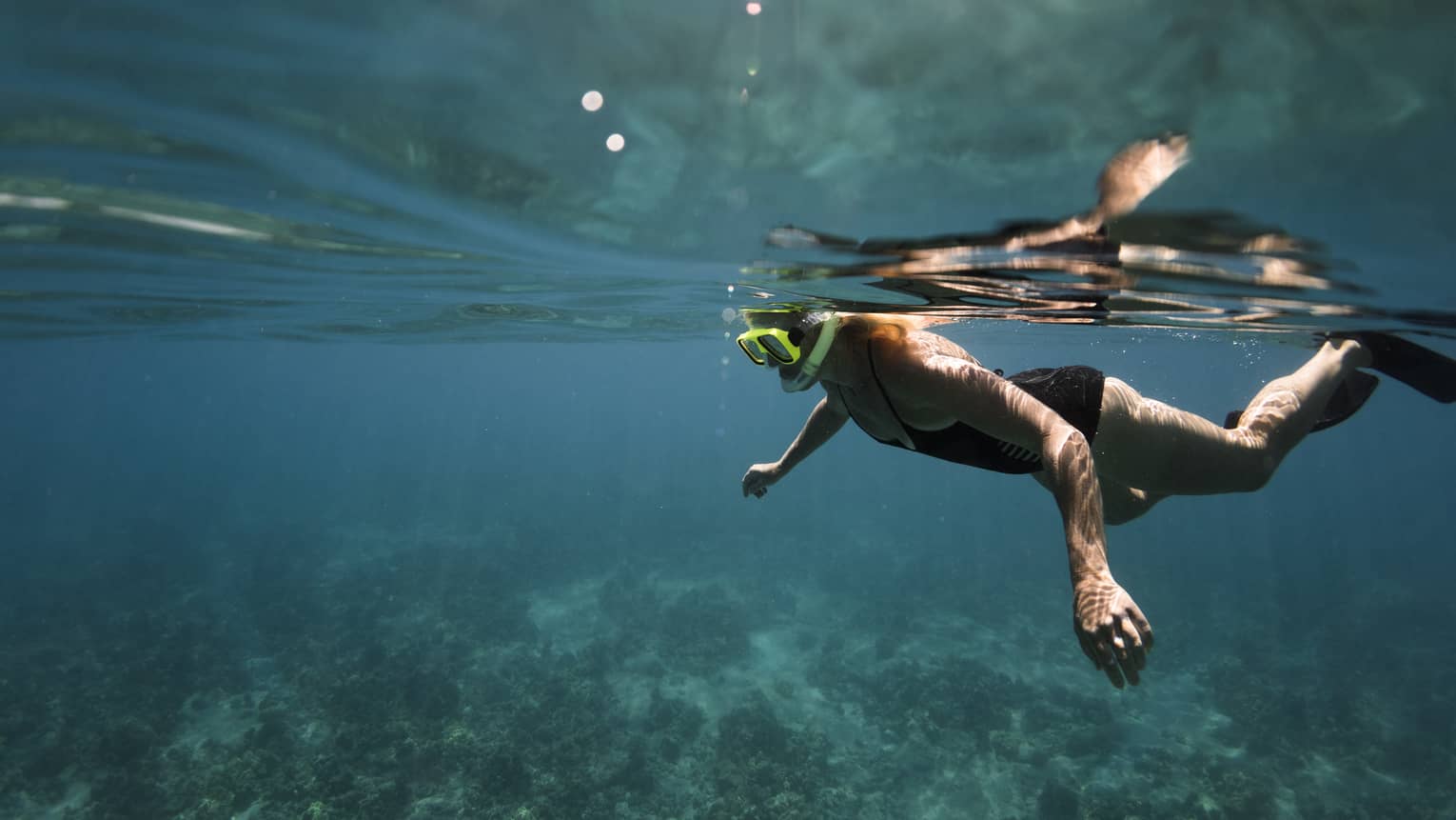 Underwater view of woman with snorkel, mask over coral reef