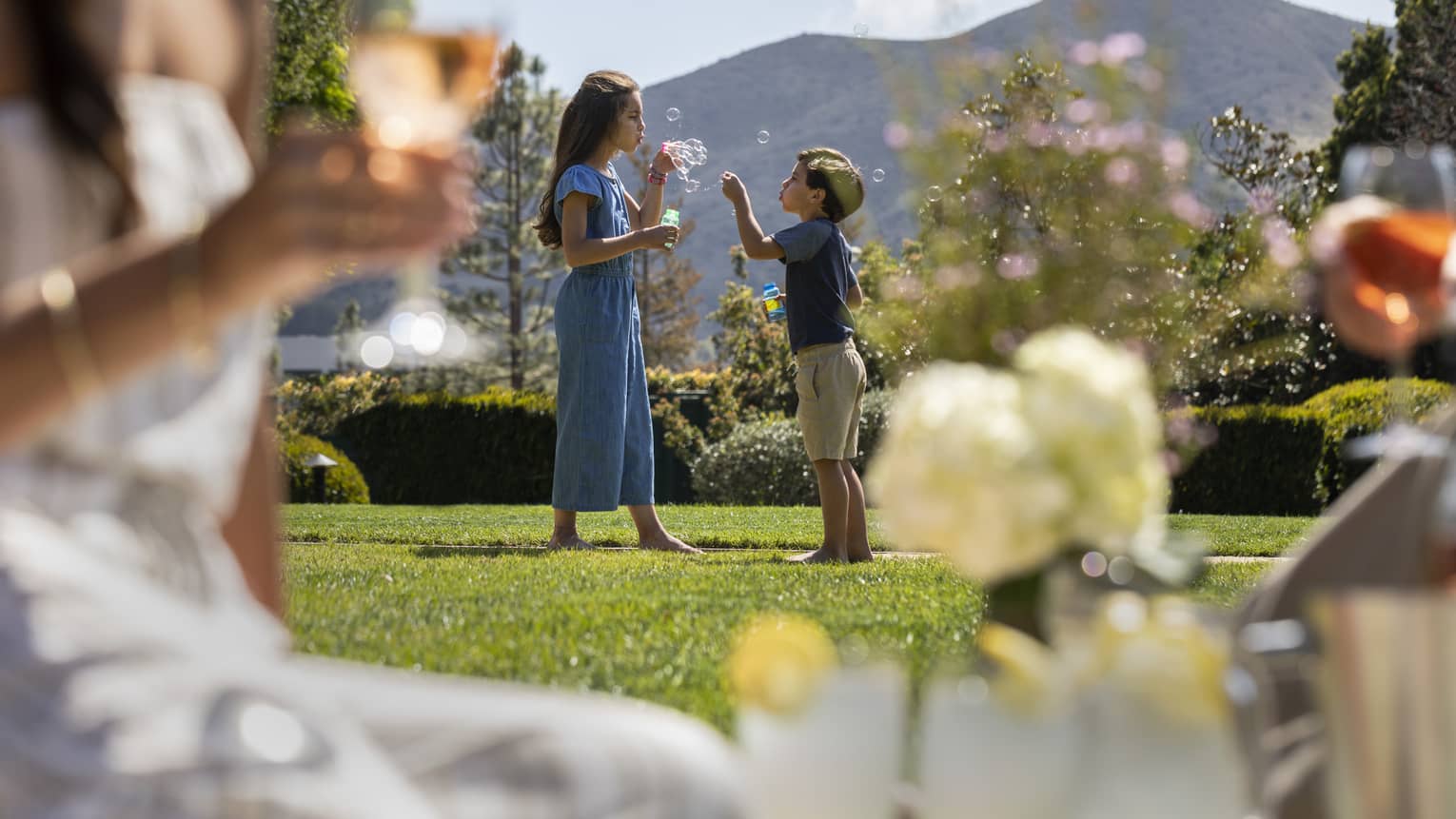 Two children blowing bubbles outside in the distance while a woman drinks a glass of wine in the foreground.