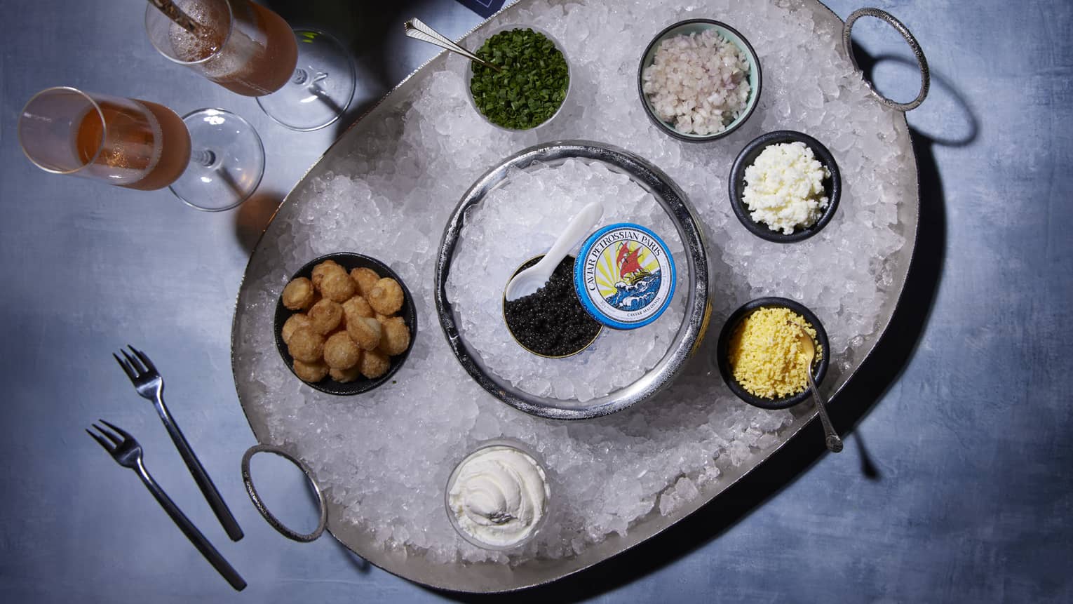 Caviar station on an iced platter