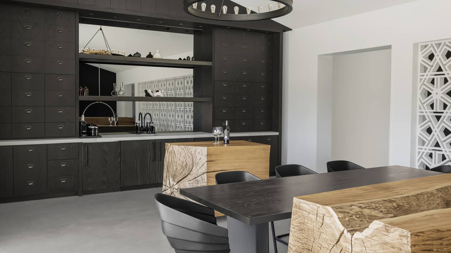 Kitchen and dining table with natural wood blocks as an island and bench