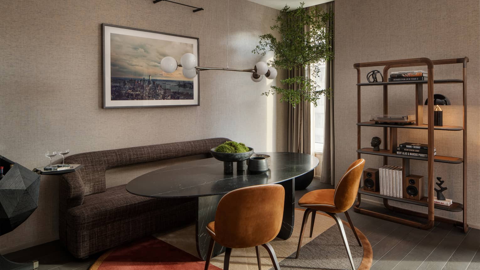 Dining area in a stylish, mid-century modern hotel suite