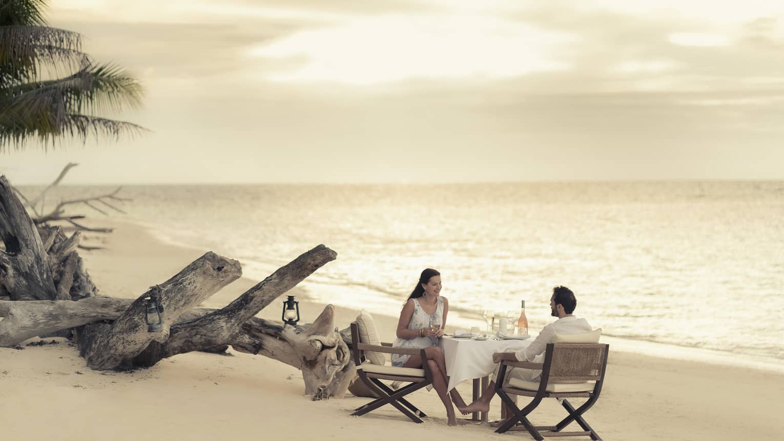 Couple enjoy romantic beach dinner by driftwood on sand beach at sunset