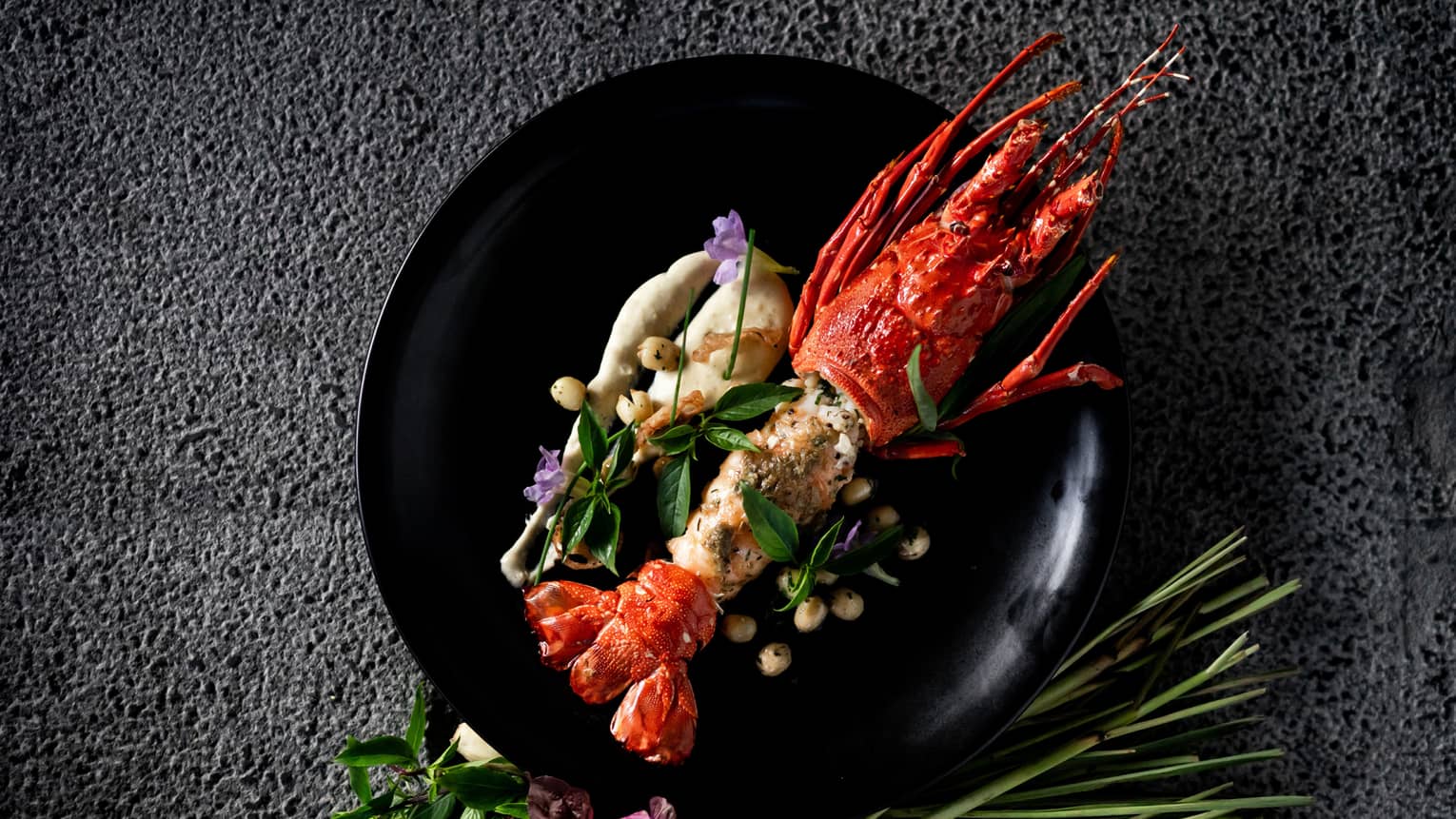 Whole lobster with herbs, sauce garnish on black plate