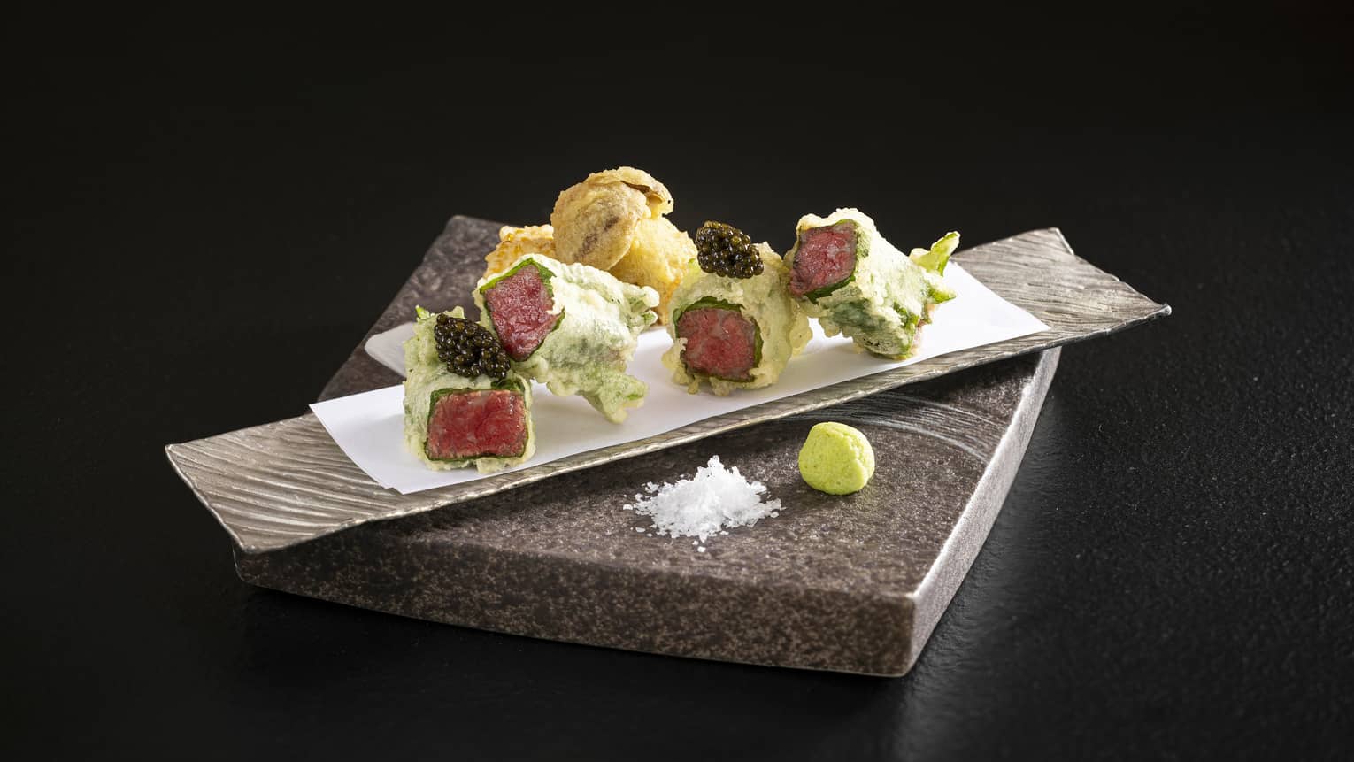 A5 Xue Long Beef Tempura with Kaluga Caviar on granite slab