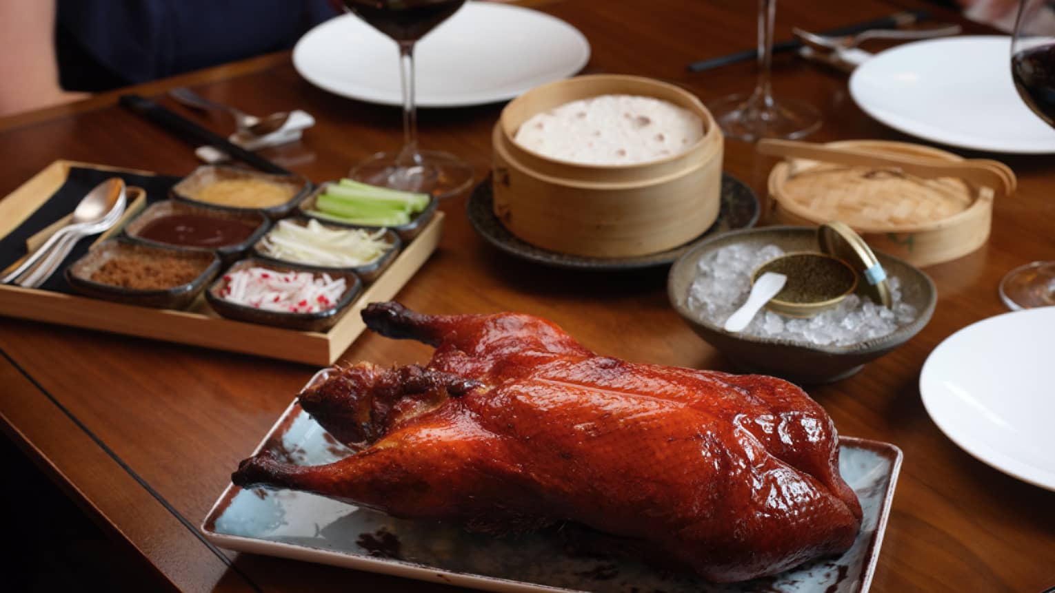 Roasted duck on a table.