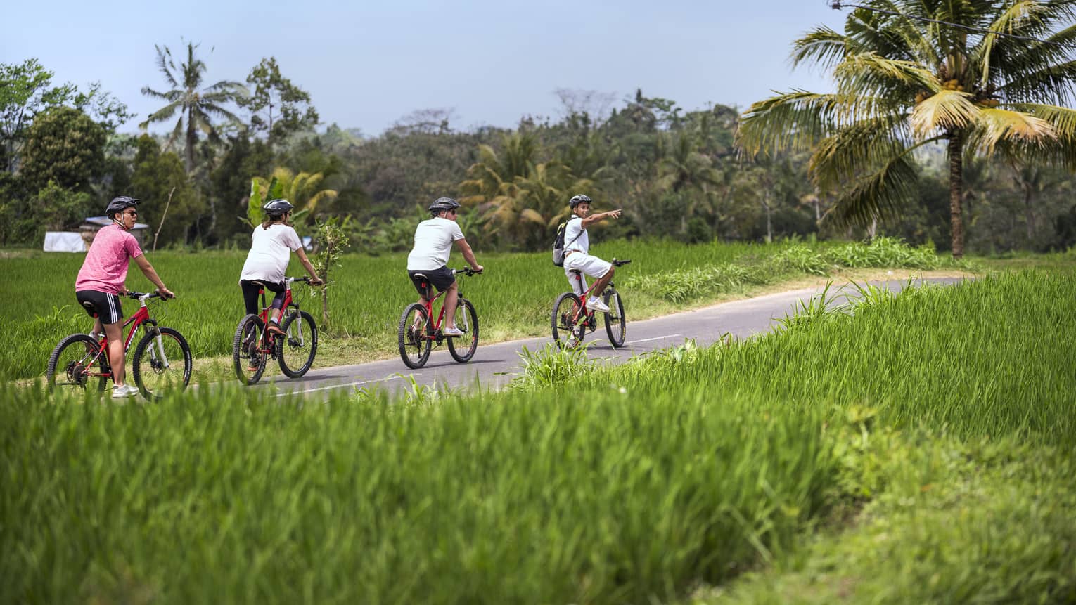 Four seasons guests bike along a paved path near four seasons hotel bali at sayan