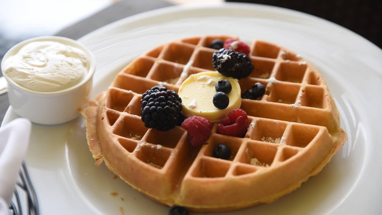 Waffle with butter and sprinkle of fresh berries, cup of whipped cream on plate