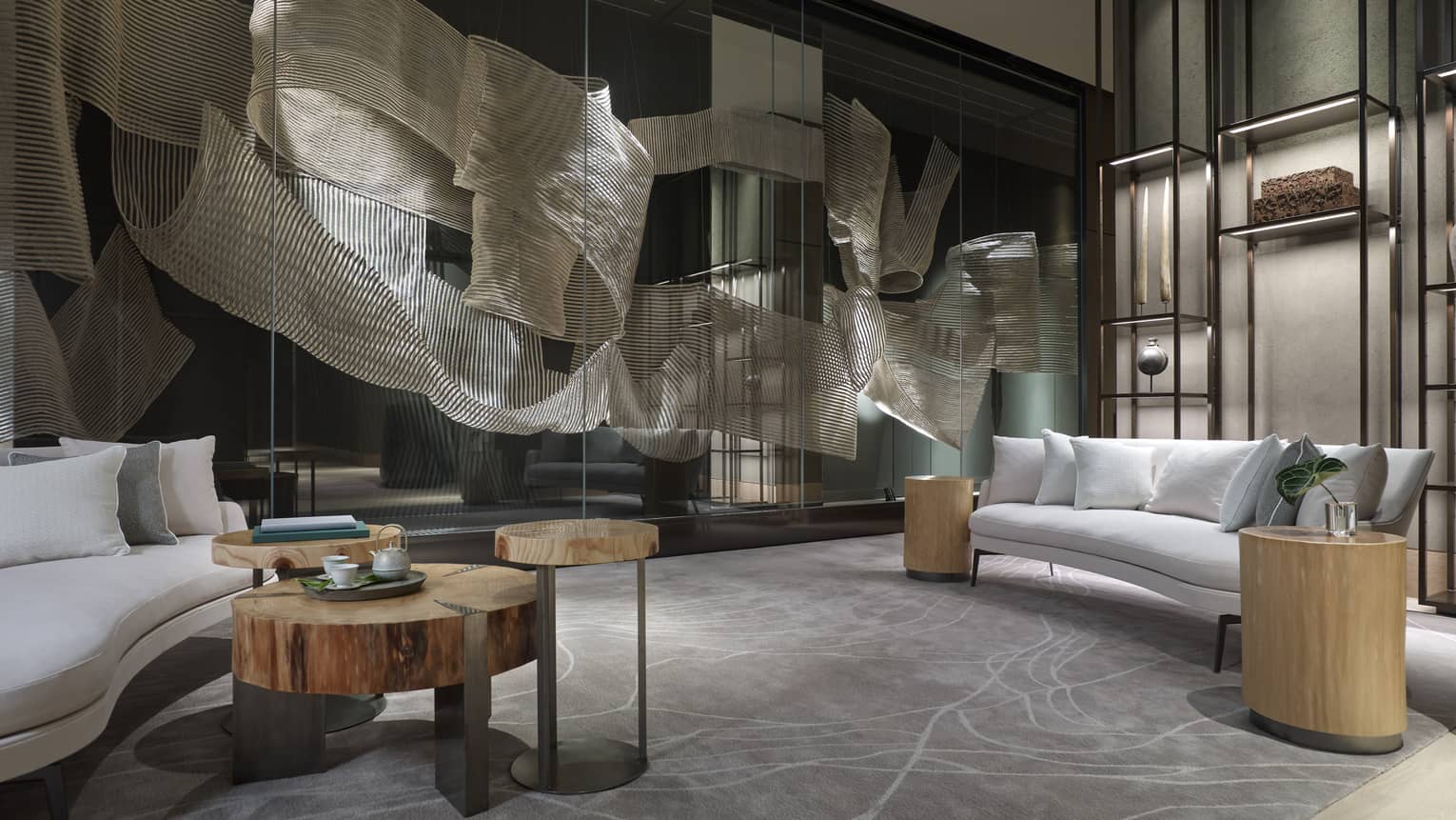 Jean-Michel Gathy's artwork made of natural thin ropes and clear synthetic lines at the entrance to five private spa treatment rooms