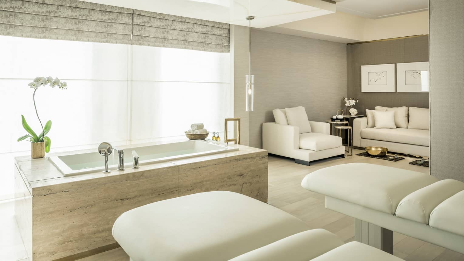 The spa suite with two massage beds, a soaking tub, and a seating area