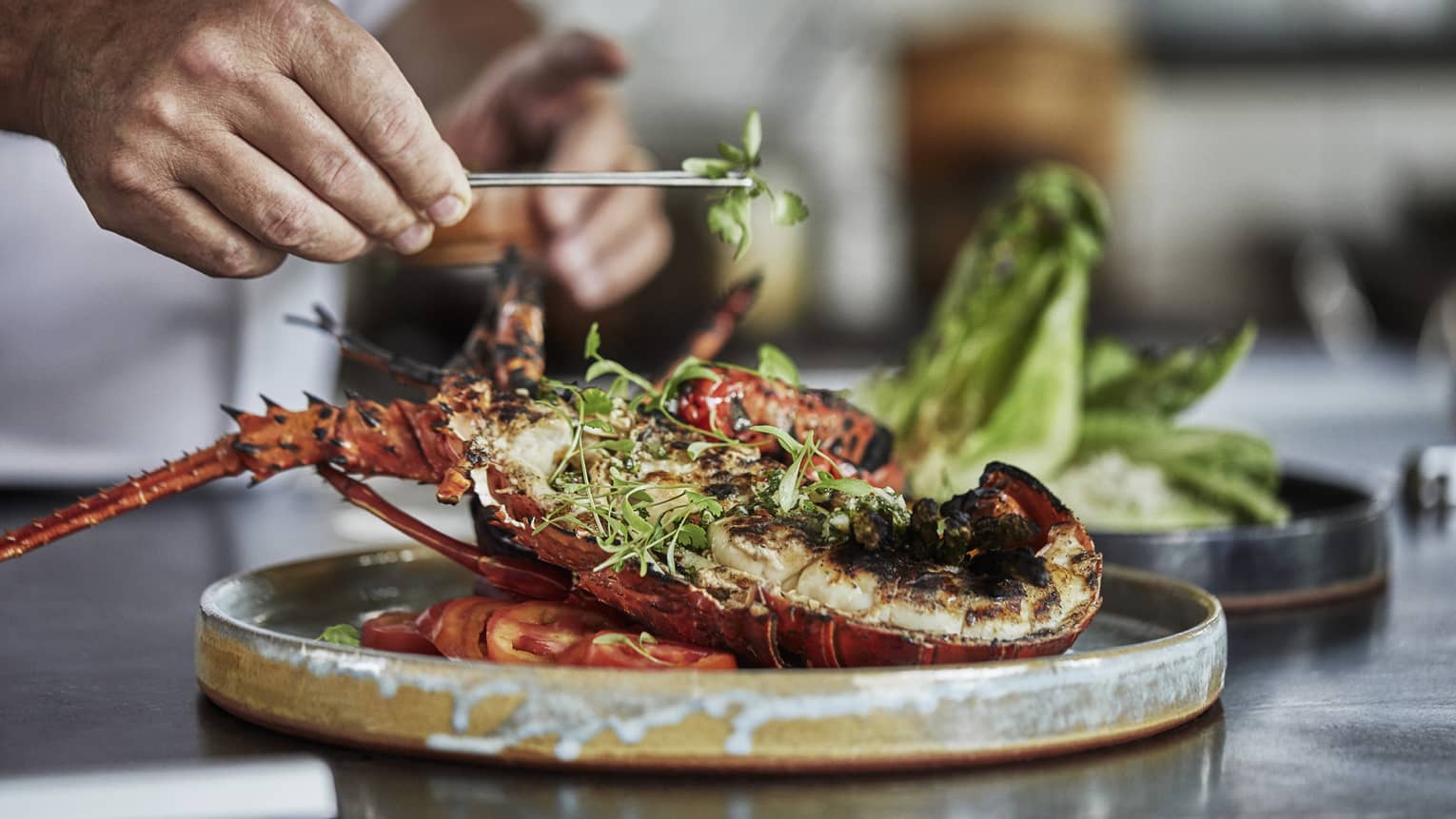 Close-up of chef garnishing grilled half lobster with herbs