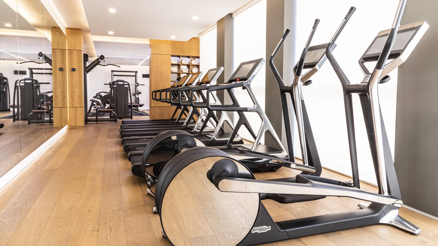 Indoor gym with a row of treadmills and elliptical machines facing windows