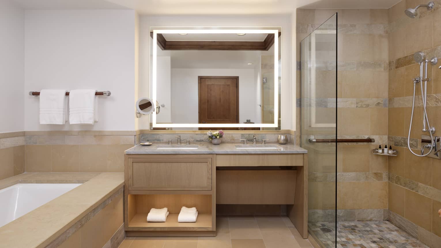 Mobility-accessible bathroom with shower, double vanity and tub