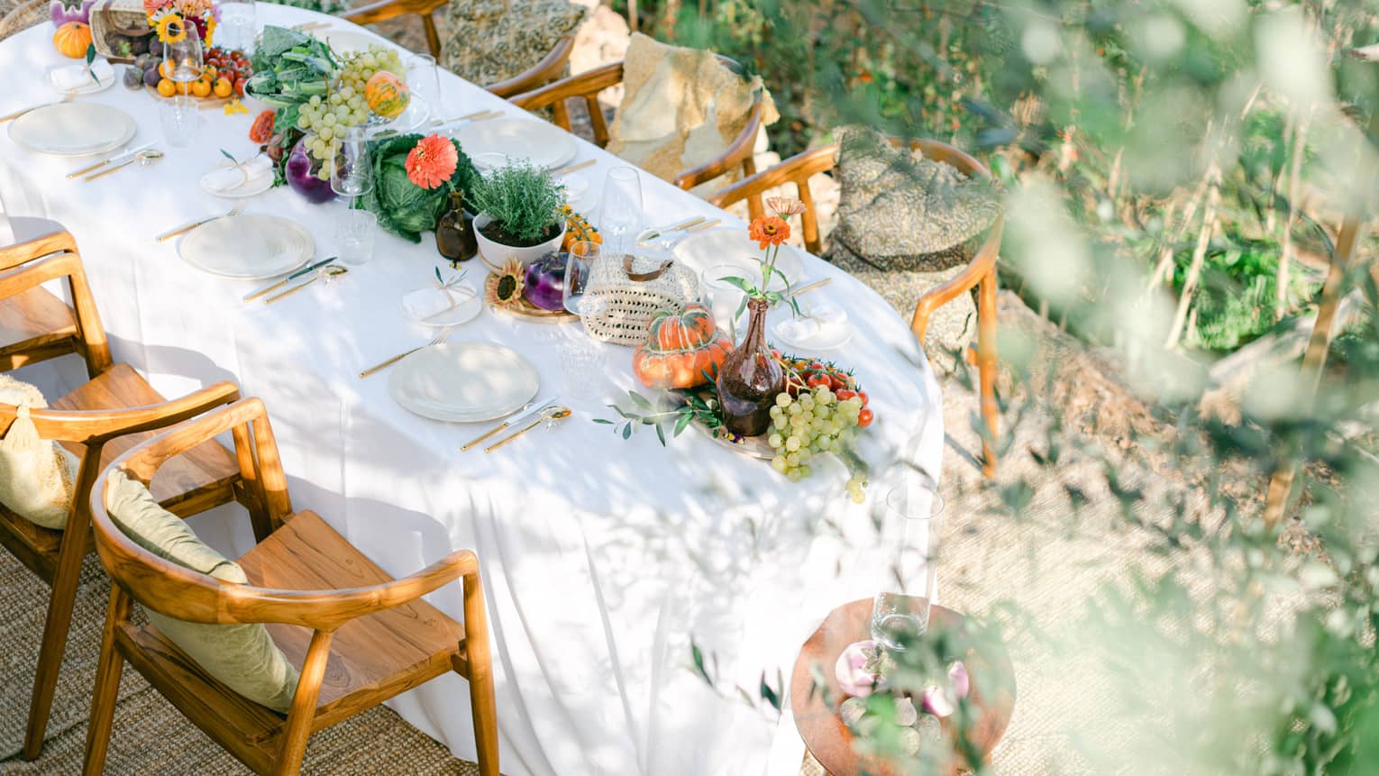 Aerial view of garden dining setup with oval table draped in white and garden bounty down centre