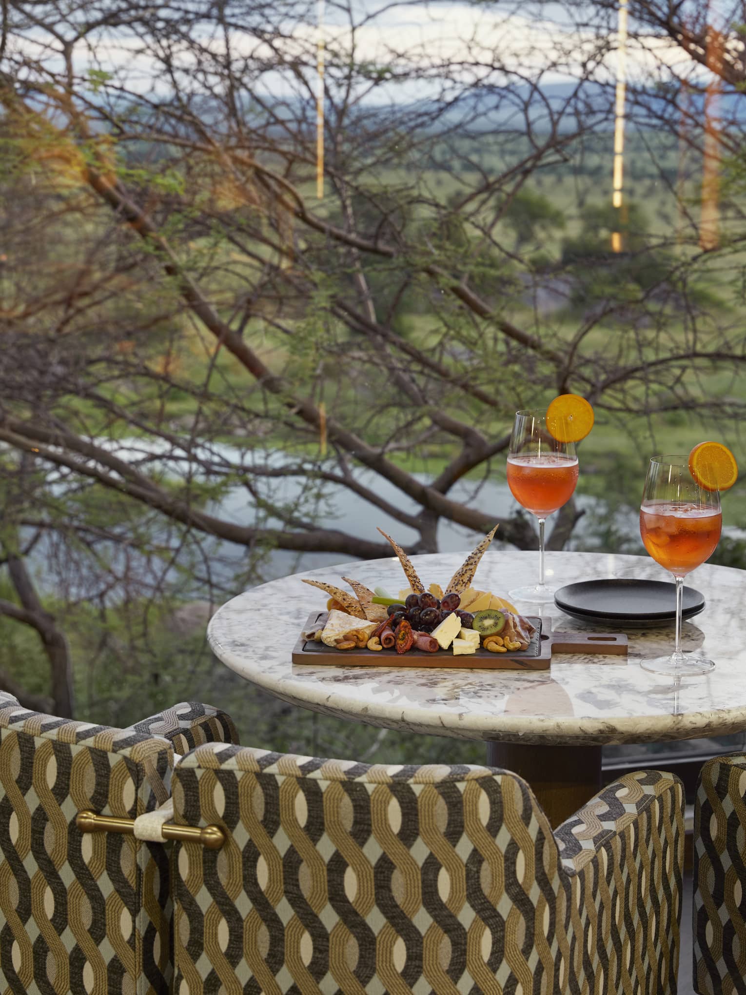 Modern upholstered chair and round marble table set with bites and cocktails on terrace overlooking savannah