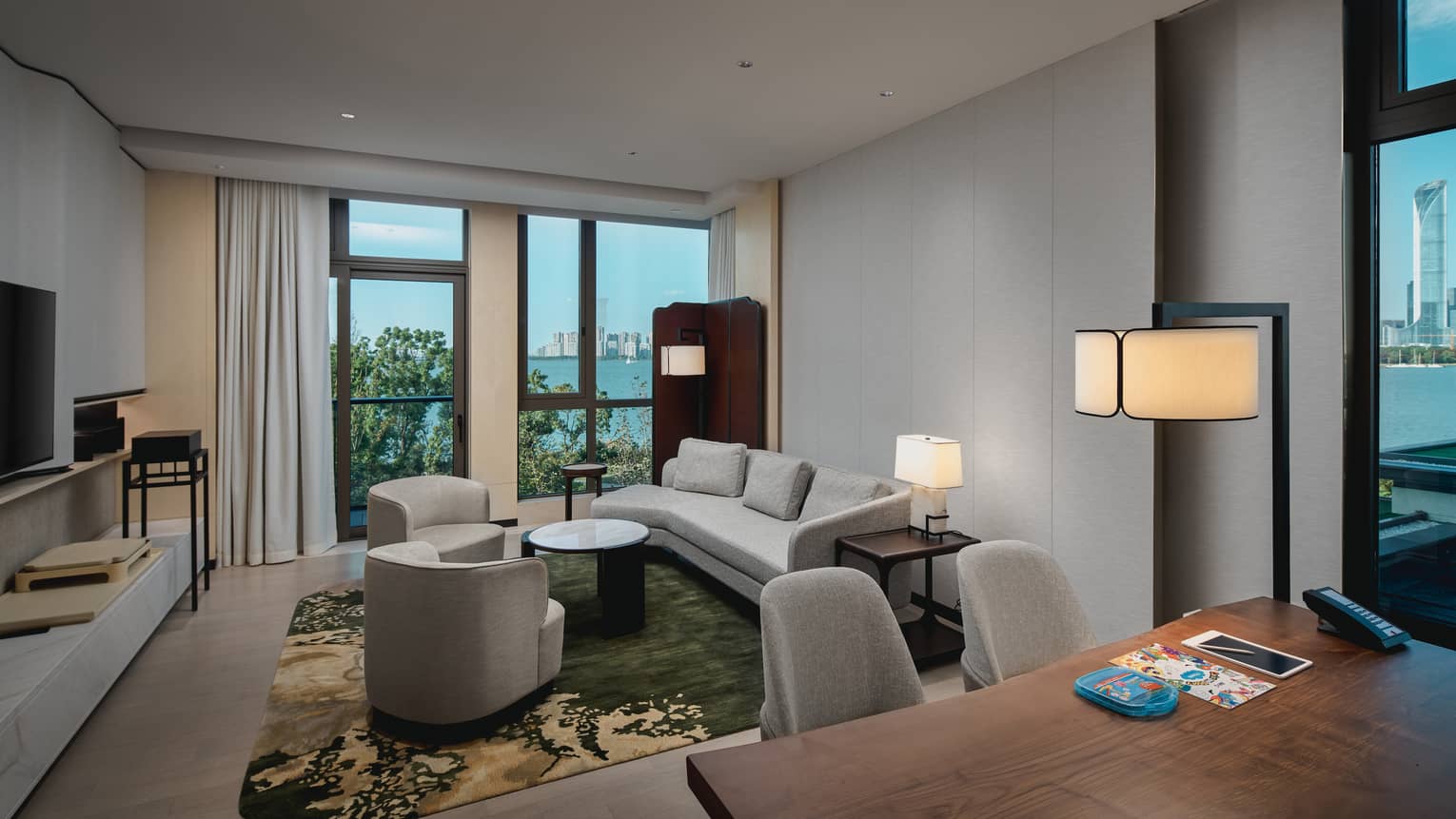 Hotel suite living area with lake view at Four Seasons Hotel Suzhou