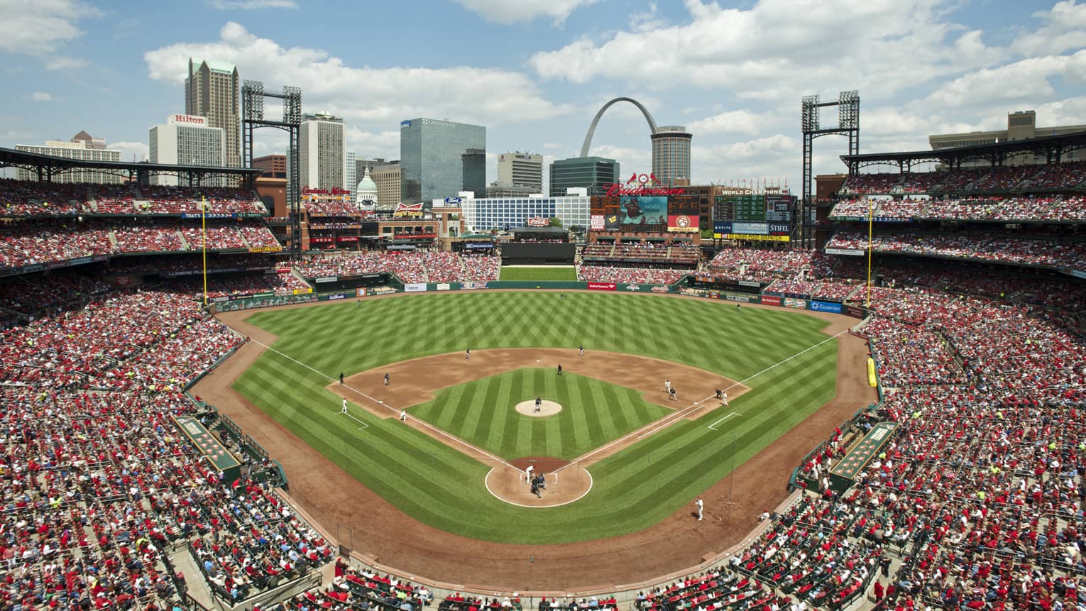 Aerial view of Busch Stadium baseball field, stands packed with crowds