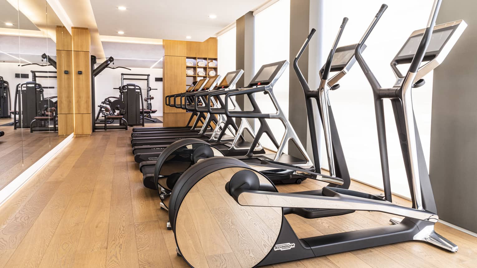 Indoor gym with a row of treadmills and elliptical machines facing windows
