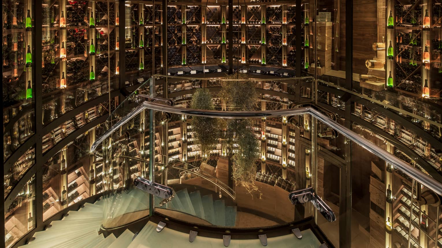 Spiral, glass staircase winding through multi-level wine cellar