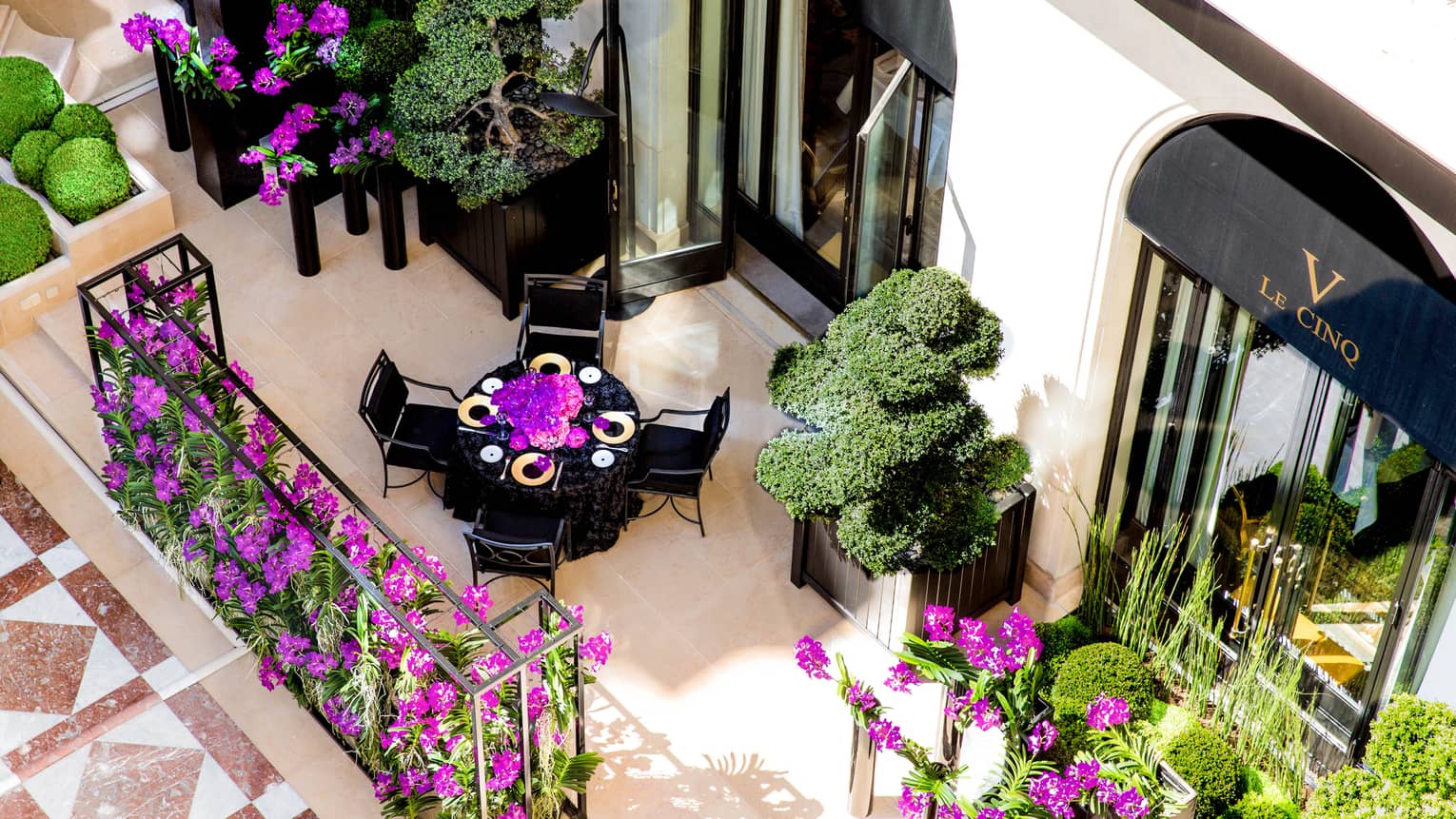 Aerial view of dining table on street-side patio, purple flowers, shrubs