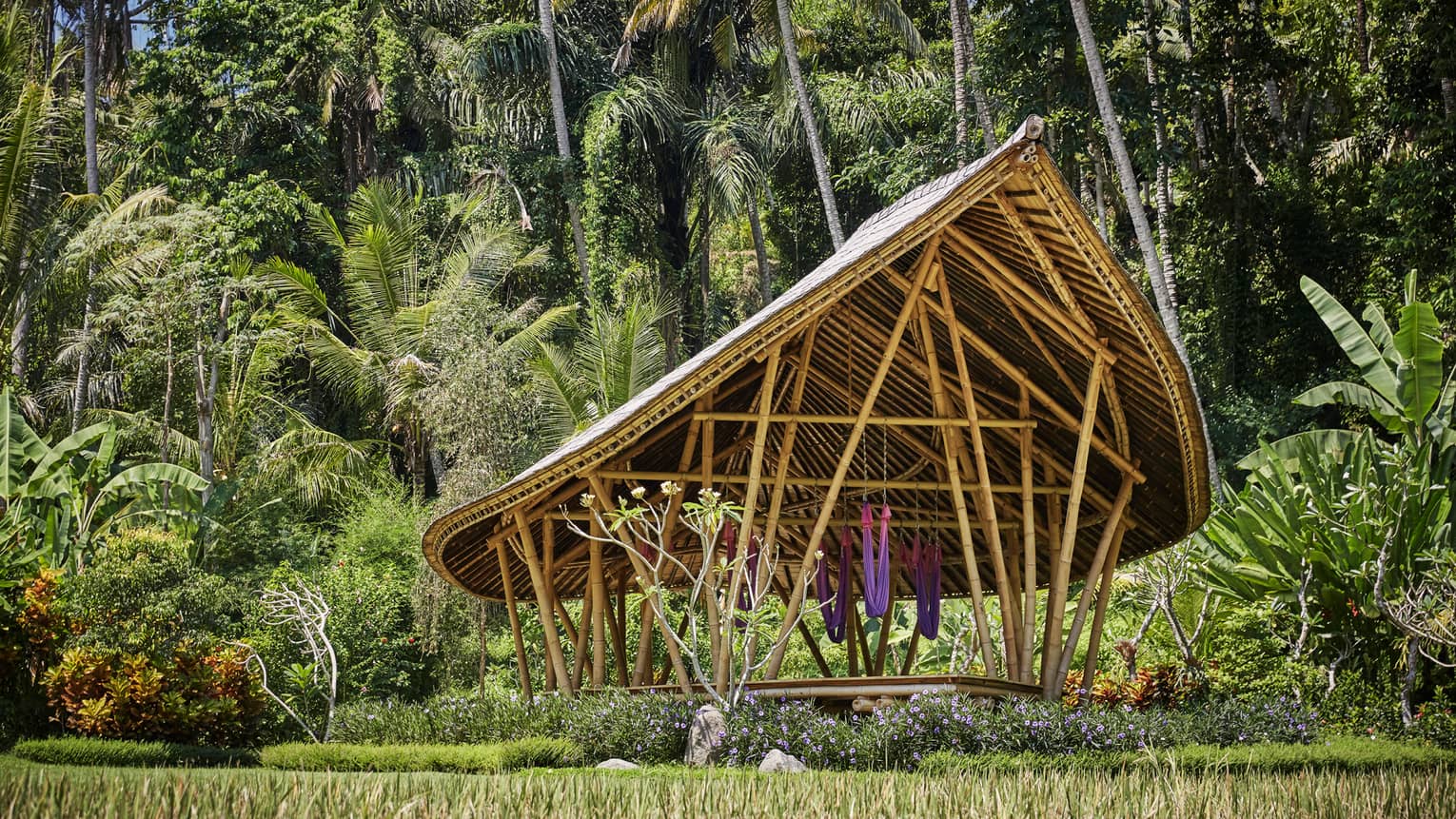 Dharma Shanti Bale meditation pavilion with modern-looking wood structure, colourful hammocks in tropical forest