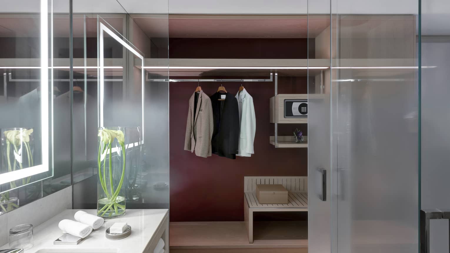 Bathroom opening to a closet