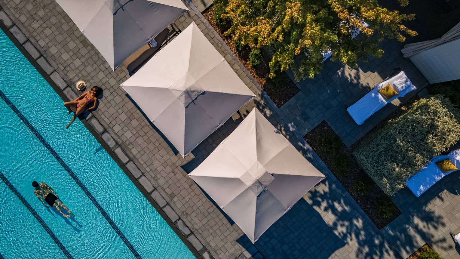 Aerial view of the pool and cabanas, with one person swimming and the other laying on the side of the pool.