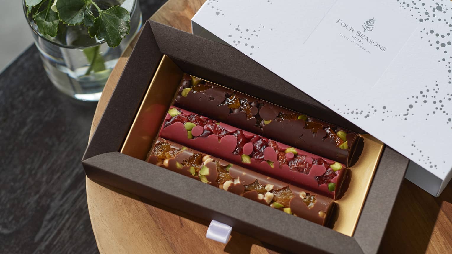 Dark Chocolate, Raspberry Chocolate and Milk Chocolate mendiants bar gift box