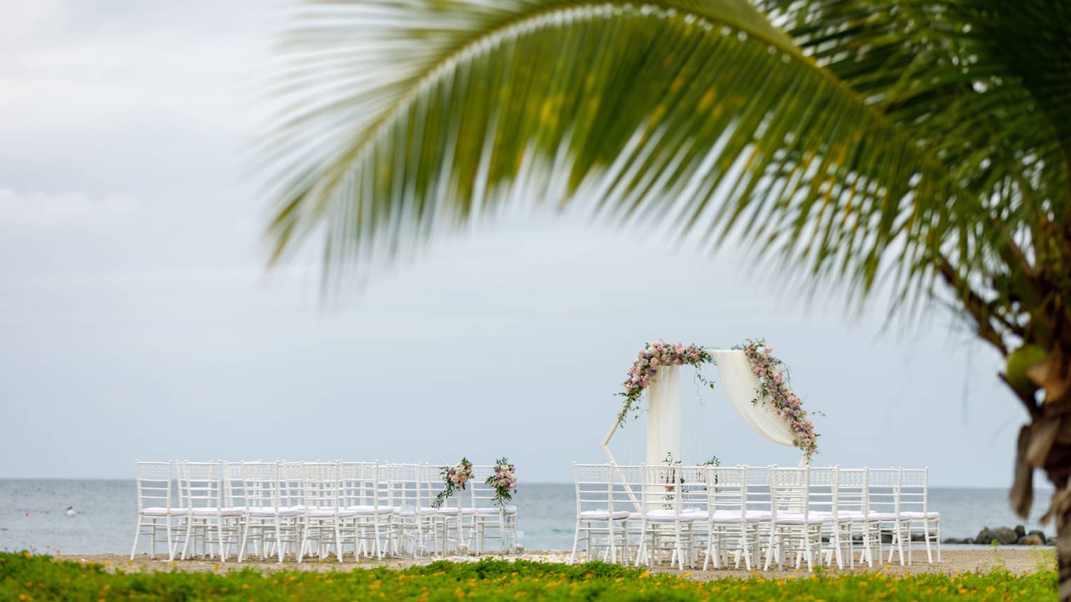 Beach wedding setup, two groupings of white chairs, flower-draped altar arch, palm tree in forefront