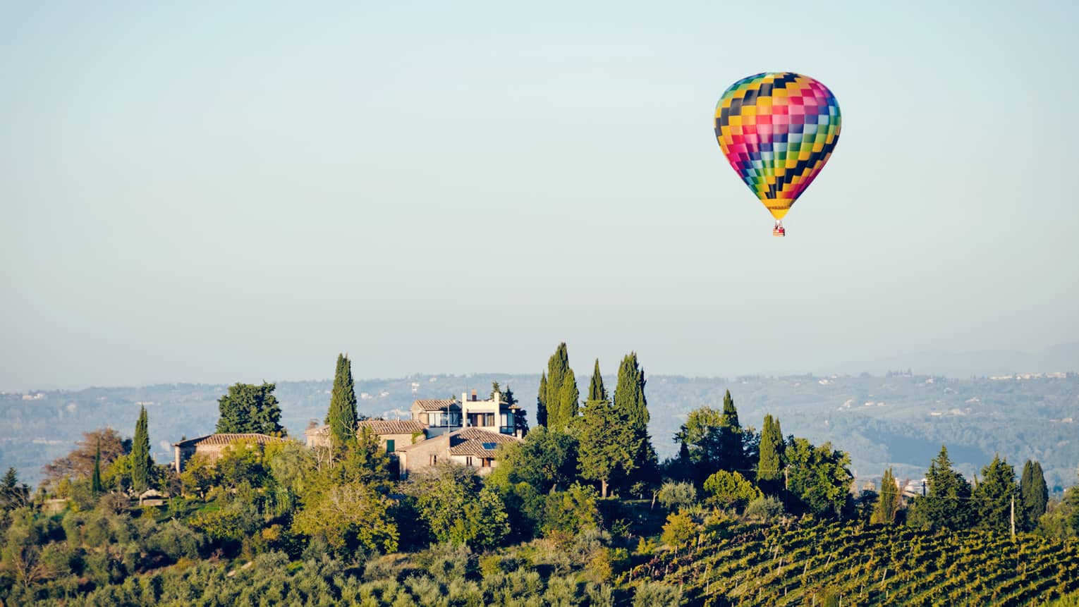 A colorful hot air balloon hovering over a vineyard in Florence