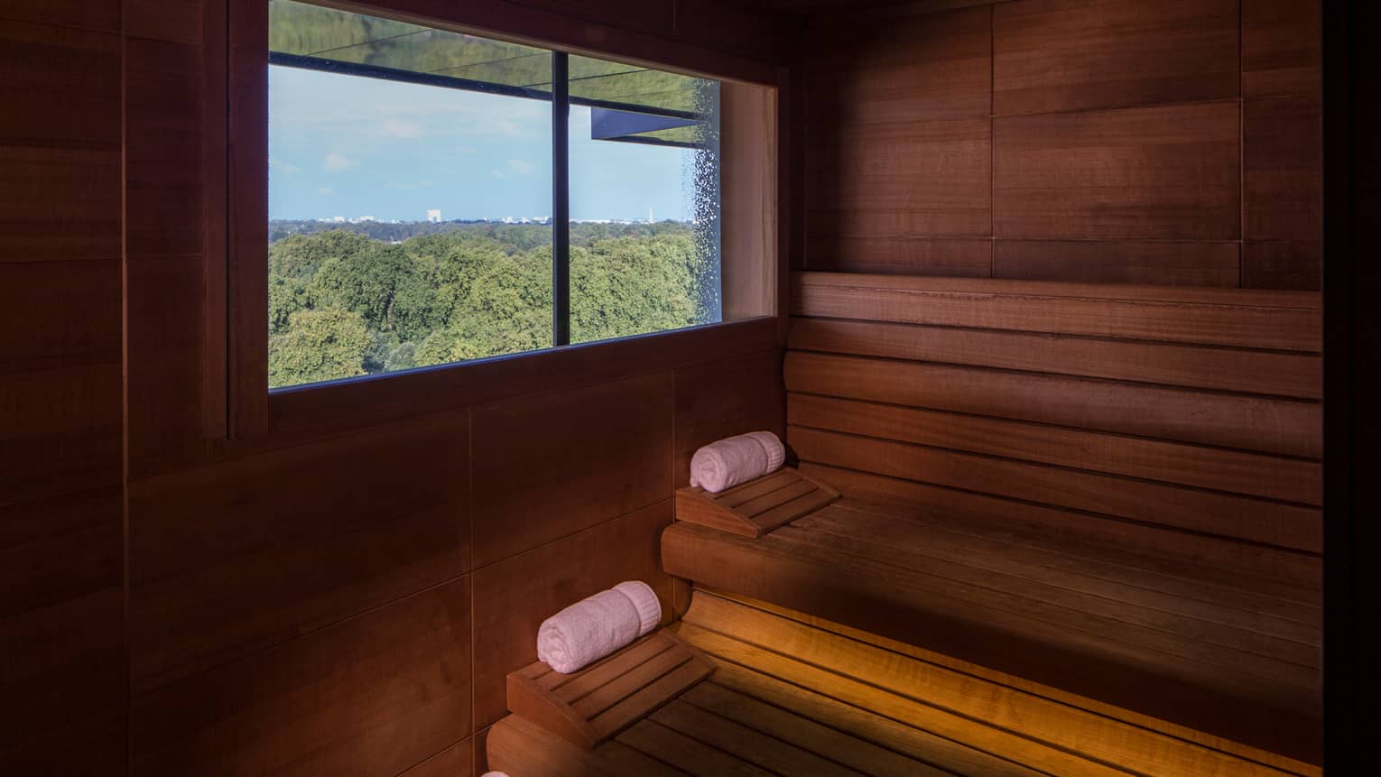 Rolled white towels on benches in wood sauna, window looking out over trees