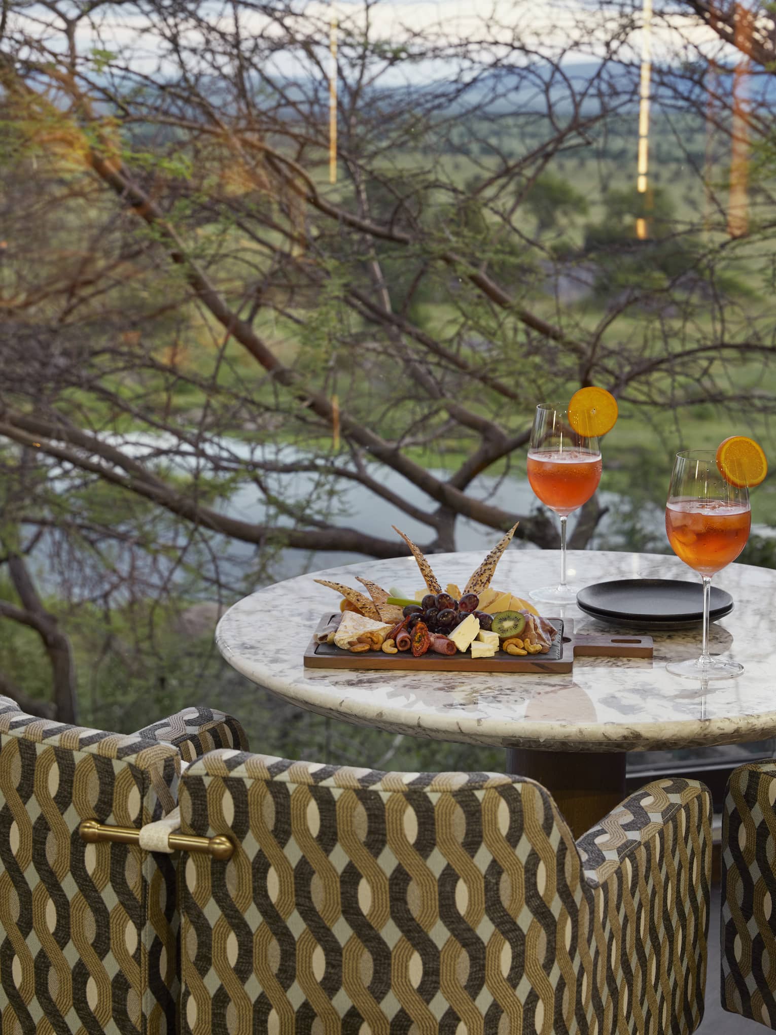 Modern upholstered chair and round marble table set with bites and cocktails on terrace overlooking savannah