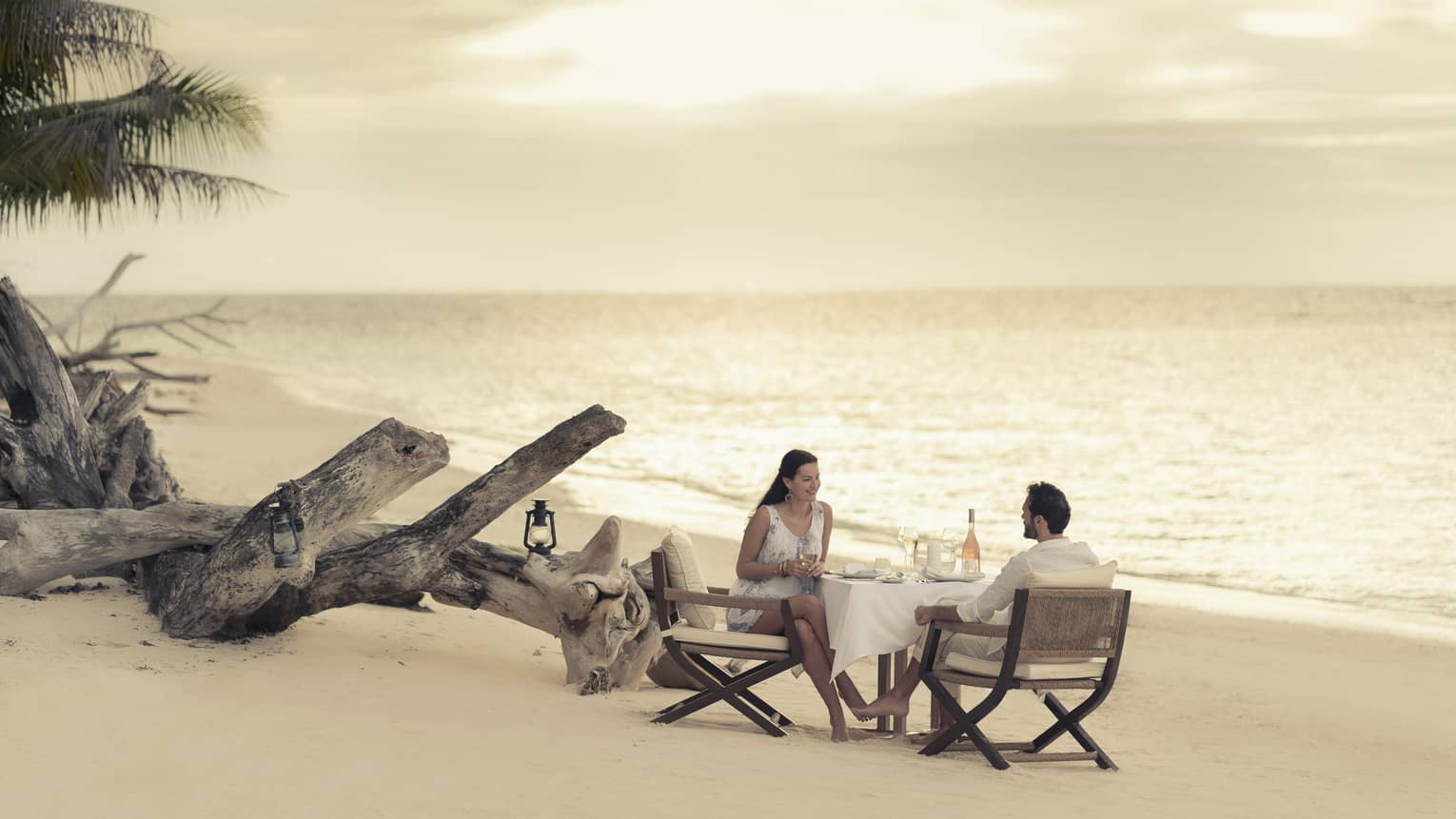 Couple enjoy romantic beach dinner by driftwood on sand beach at sunset