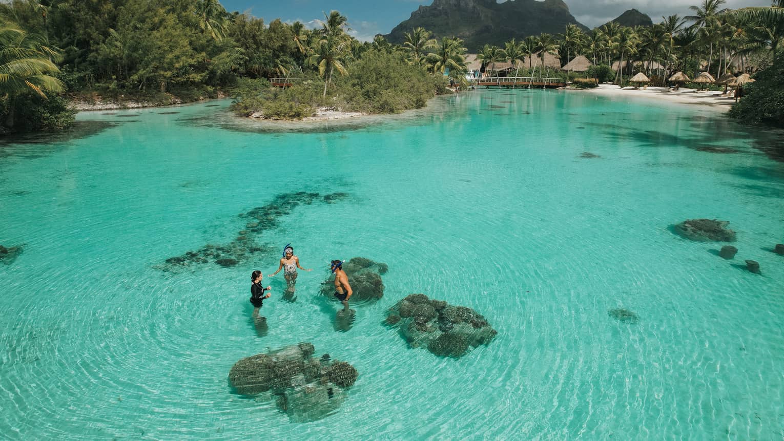 Aerial view of three guests standing in the clear turquoise water of the lagoon at the Dive Centre