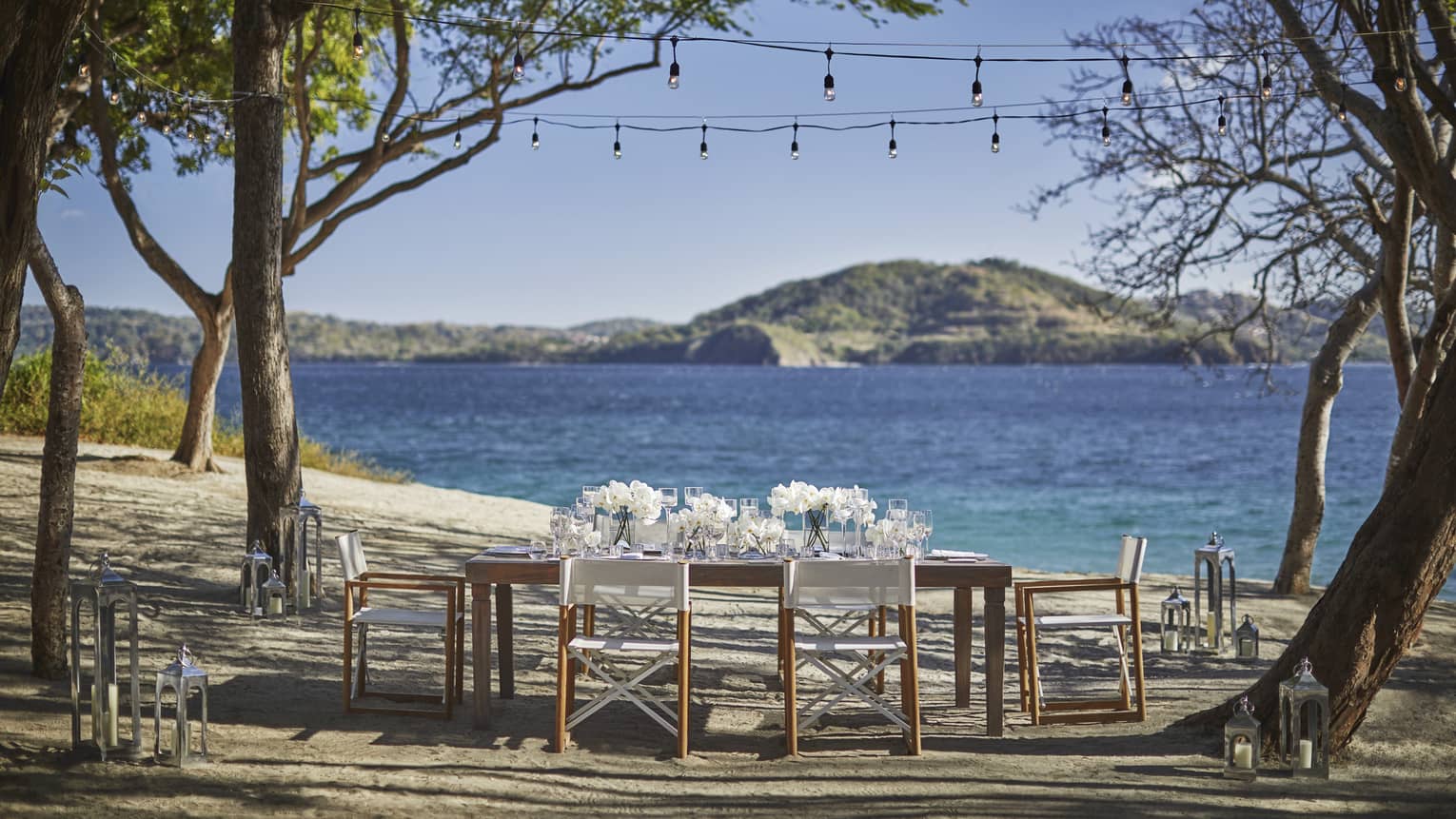 Outdoor dining table with white flowers on sunny beach by ocean