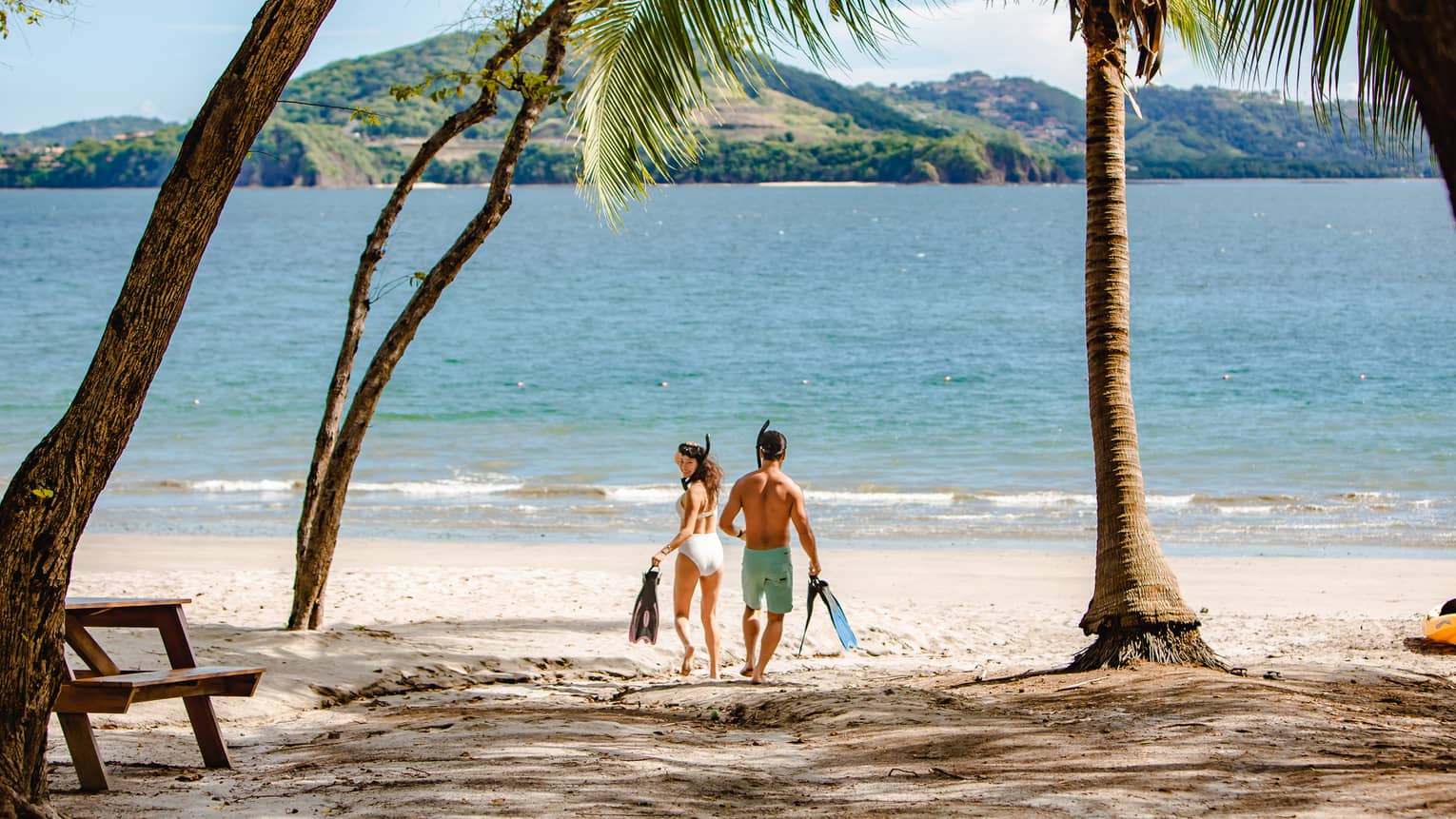 Couple holding snorkelling gear walks beneath palm tree toward ocean
