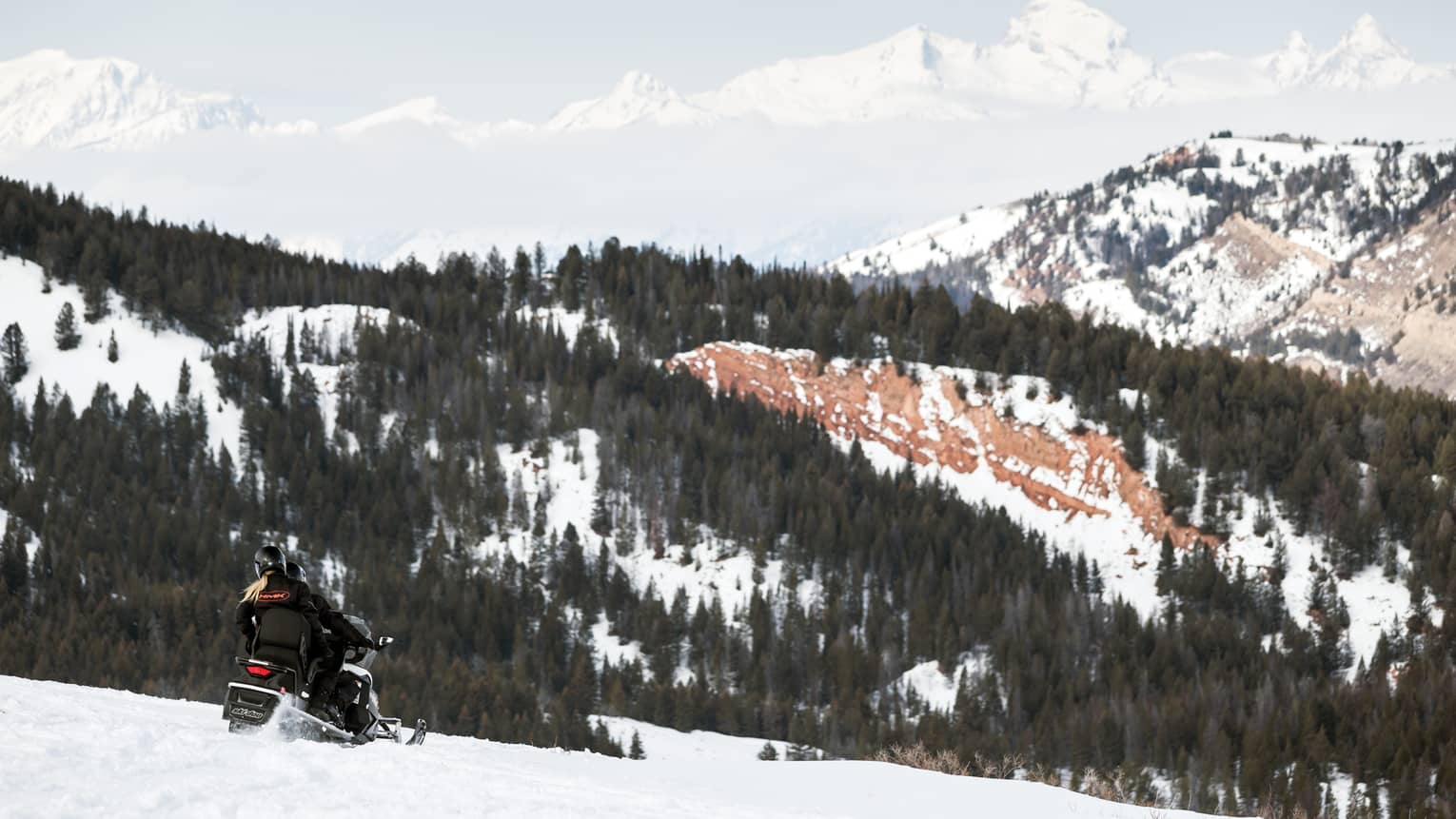 Couple rides snowmobile over mountain slope, trees and mountains in background
