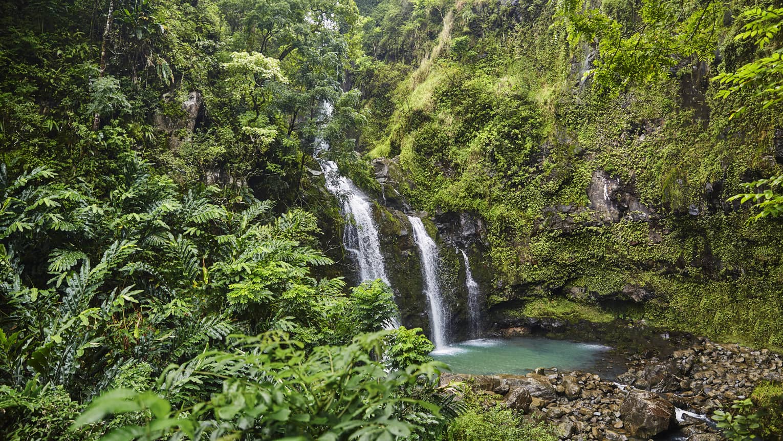 Waterfall flows over rock surrounded by lush green tropical forest 