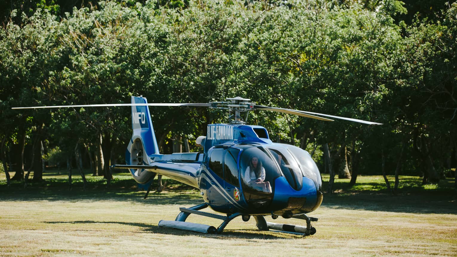 Person in blue helicopter resting on ground