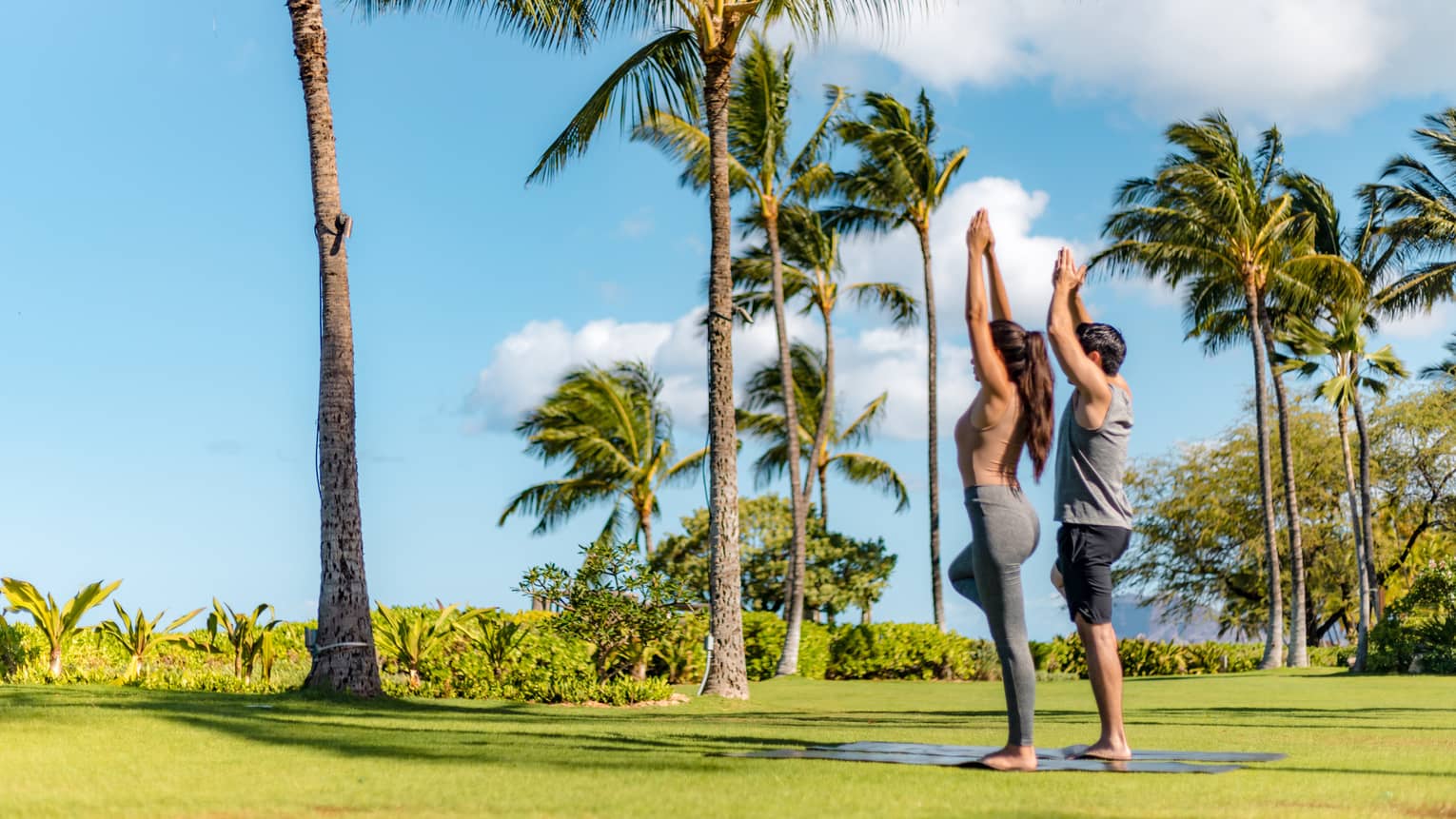 Two people stand in tree pose next to tall palm trees on Resort's Ocean Lawn