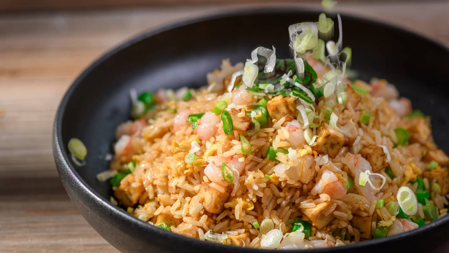 Signature fried rice with shrimp, roasted pork and chives