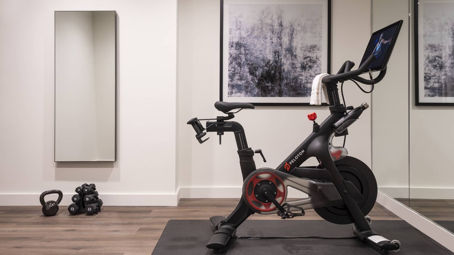 An exercise area with a stationary bike, a kettle ball and various dumbbells.