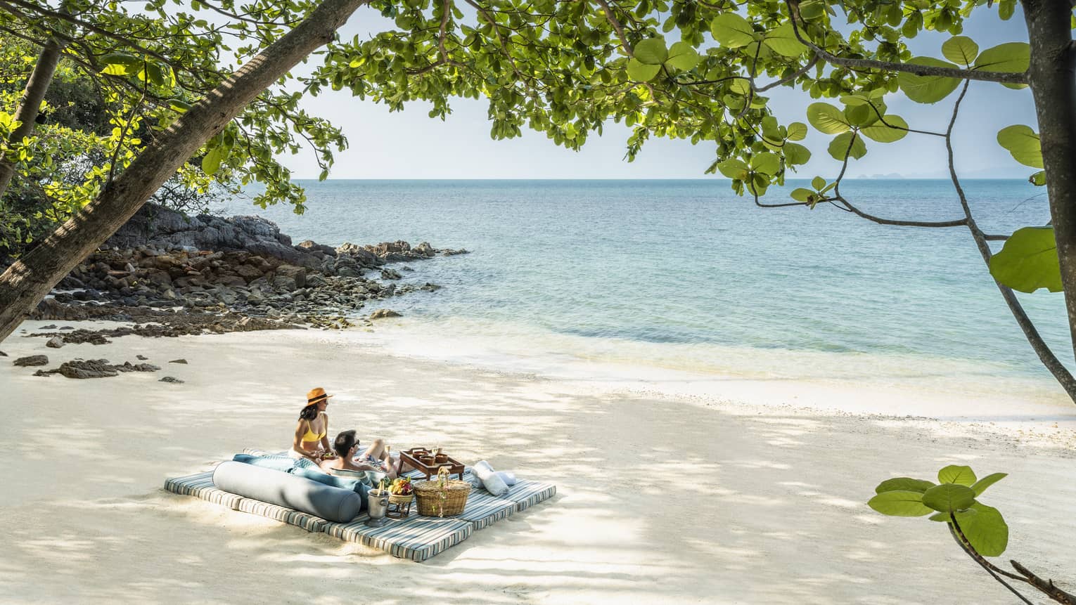 Couple enjoys beachside picnic framed by native trees