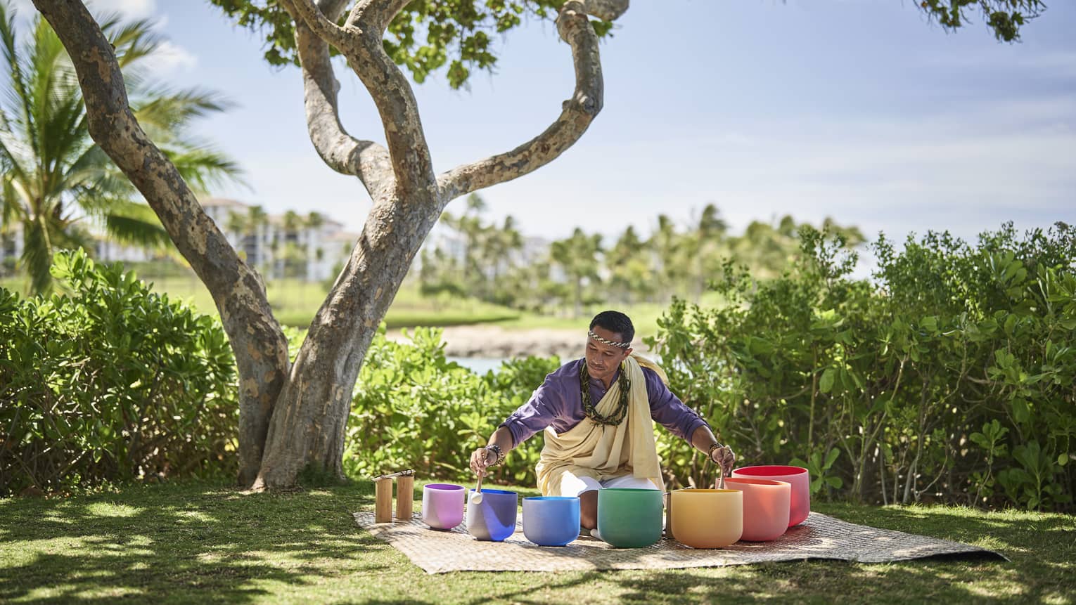 A man sits beneath a tree encircled by singing bowls of varying sizes and colours