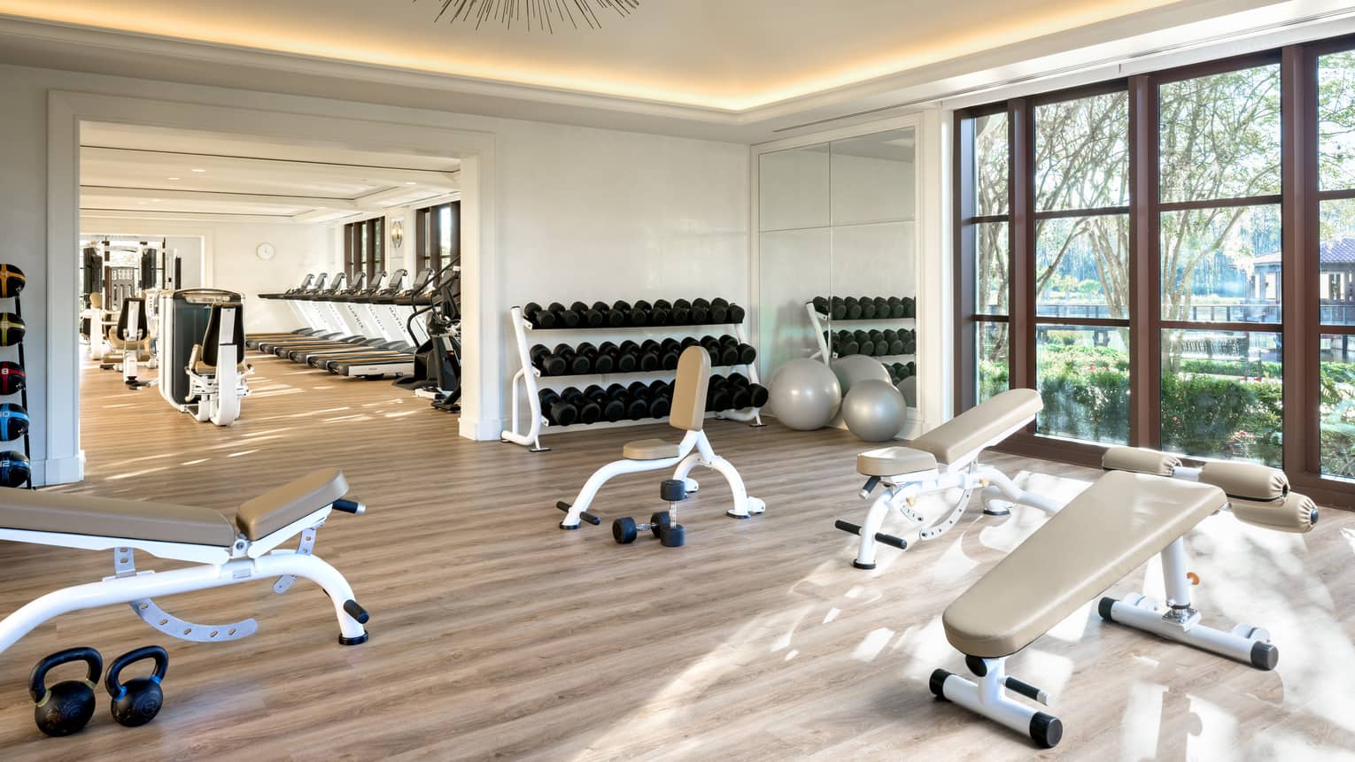 Bright Fitness Centre with leather benches, hand weights, large windows