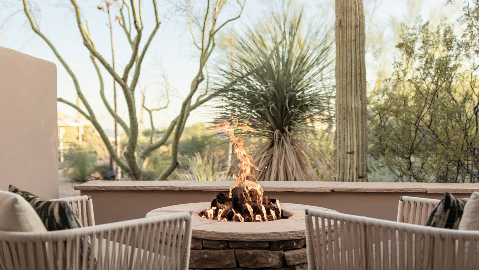 A firepit outside with two chairs.