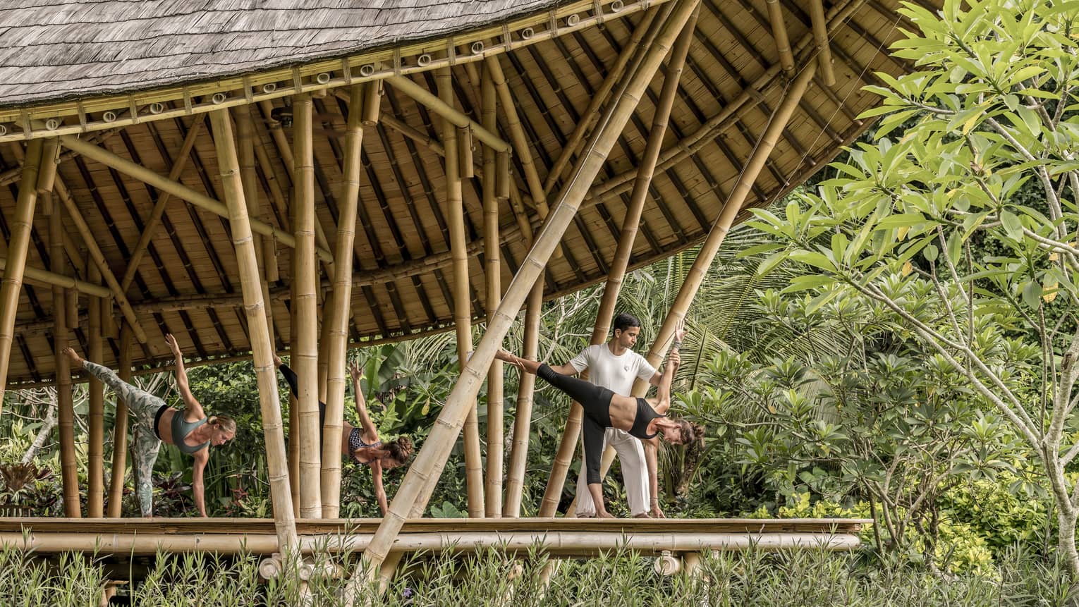 A group does yoga in a bamboo pavillion
