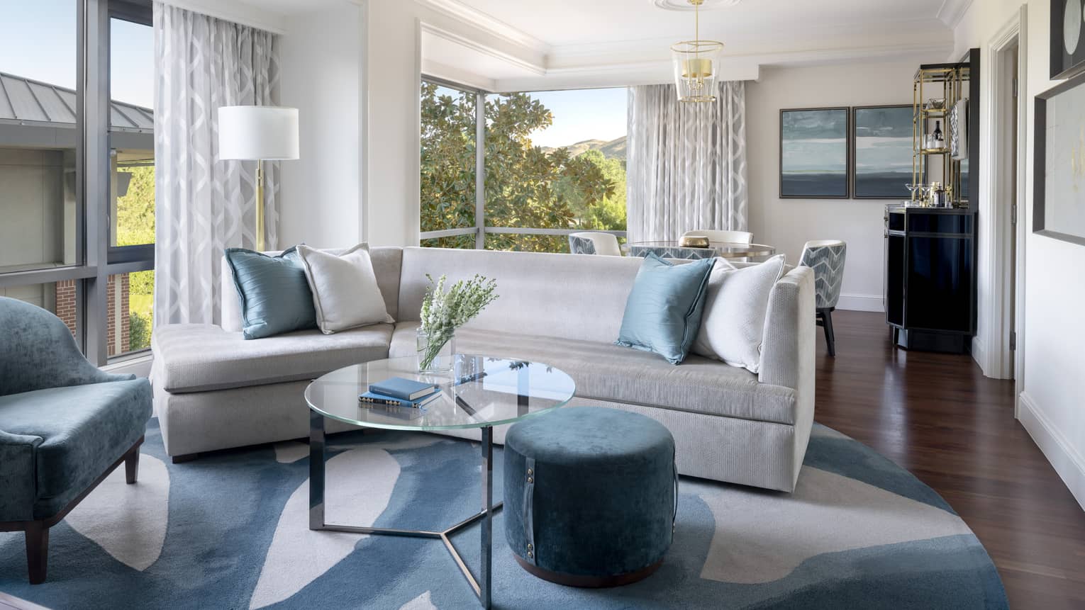 Silver couch with blue pillows, a blue chair, glass coffee table, and a view of trees 