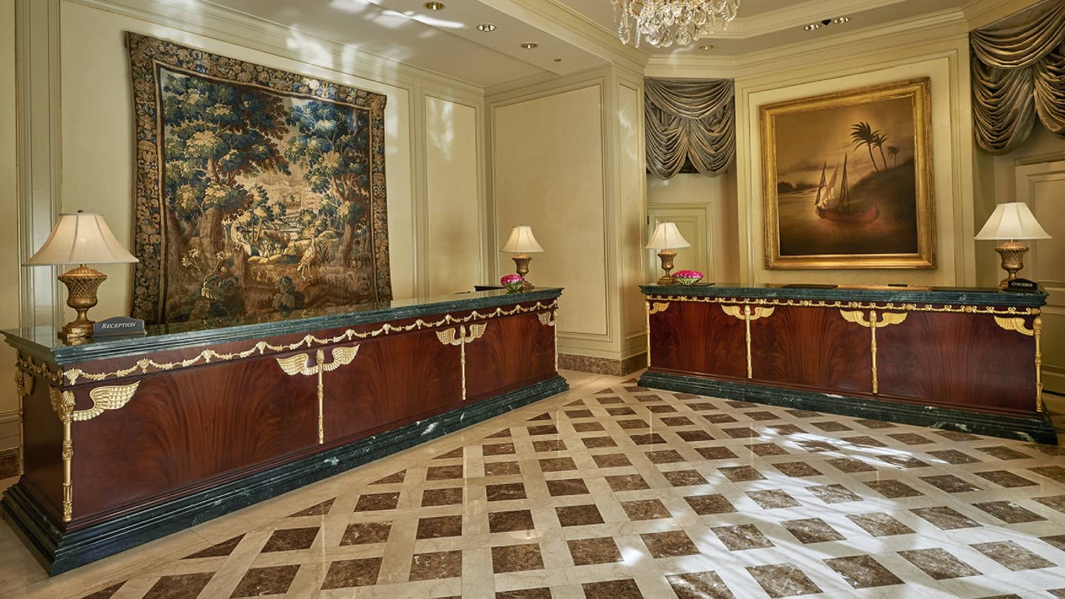 Hotel lobby with tapestry, art and marble flooring