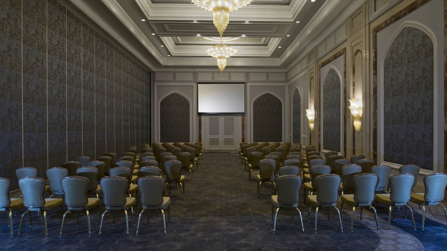 View down aisle between rows of chairs in ballroom meeting space 